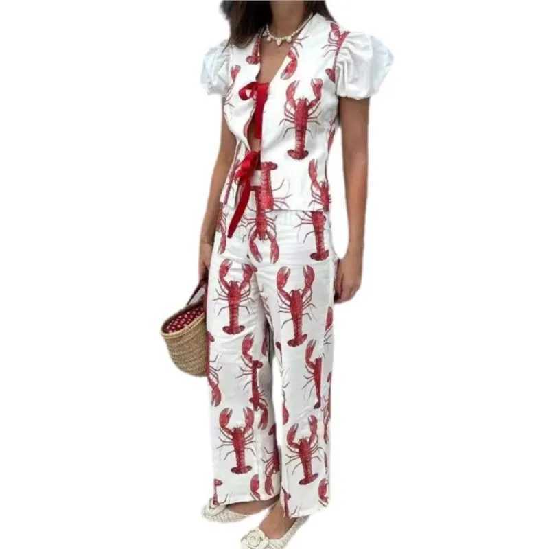 2025 Summer Women Fashion Printed Cartoon Lobster Pants Sets Lace Up Short Puff Sleeve Shirt Straight Trouser Lady Outfit Clothing M250707