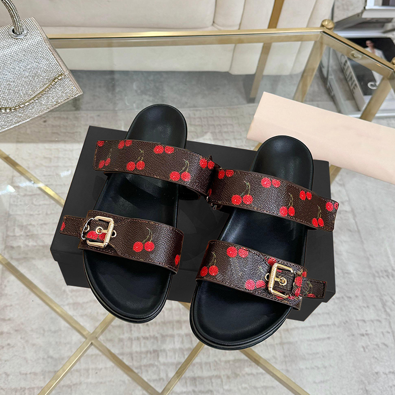 Designer Slides Women Leather Slides Double Buckle Cherry Sandals Comfortable Bom Dia Flat Slides Cherry Shoes Casual Slides 877