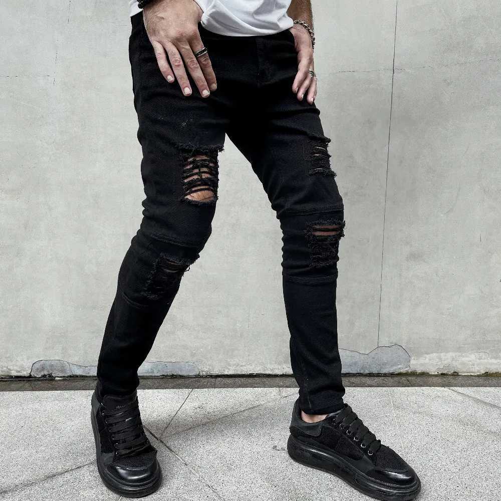 Men New High street Hip hop Style Ripped Skinny Pencil Jeans Men Stylish Slim Holes Casual Denim PantsXJ250707