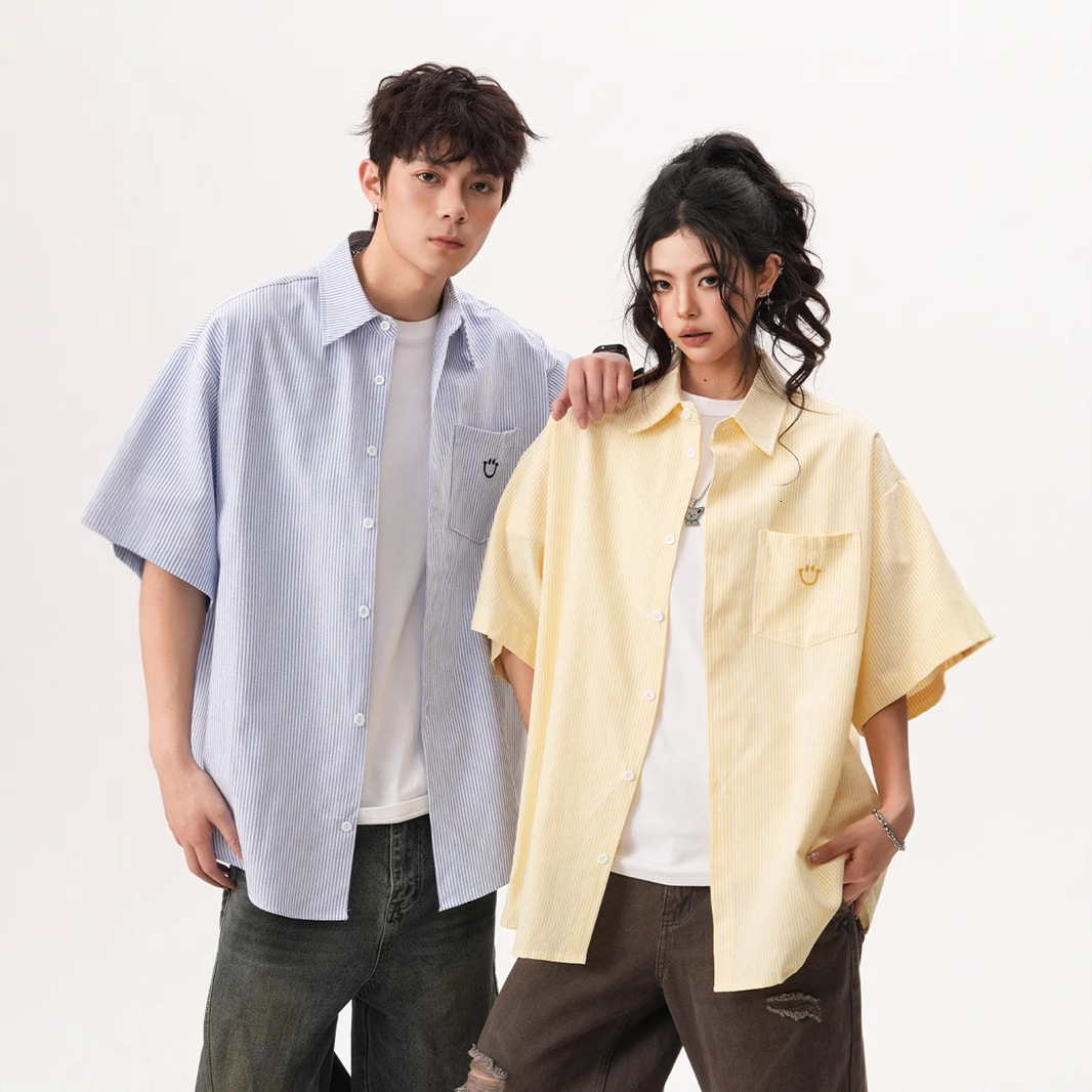 American Style Smiley Face Embroidered Short Sleeve Shirt For Men Designer Short Sleeves And Women, Summer Loose Cuban Collar Striped Half Sleeve Shir