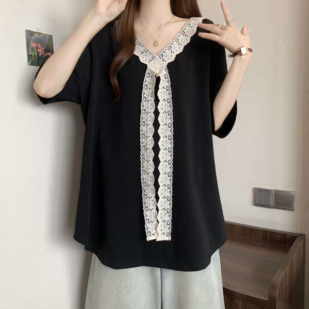 Plus Size French Lace Trim V-Neck Sweatshirt Short Women Summer New Loose Casual Half Sleeve Mid-Length Top B5