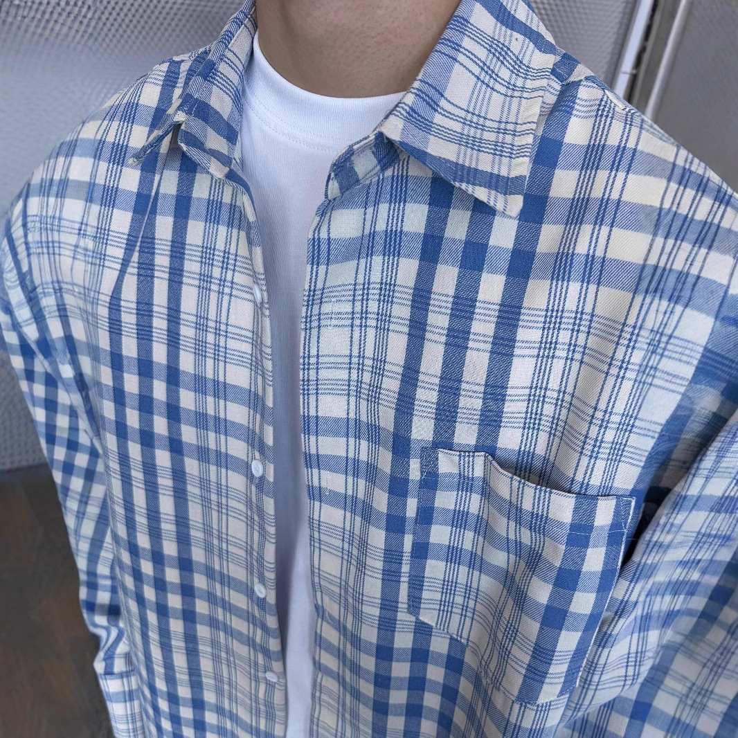 Factory Direct Supply Spring Retro Lazy Versatile Blue Designer Short Sleeves Plaid Long Sleeve Shirt Men's Casual Loose Color-block Shirt Trendy