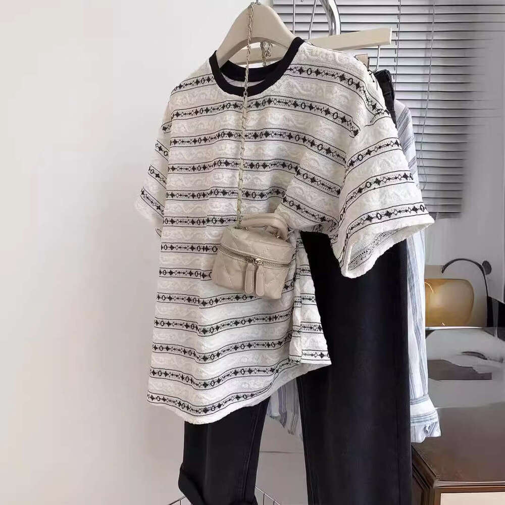 Striped Round Neck T-Shirt For Women Summer New Korean Style Loose Slimming Mid-Length Short Sleeve Plus Size Women's Clothing B5