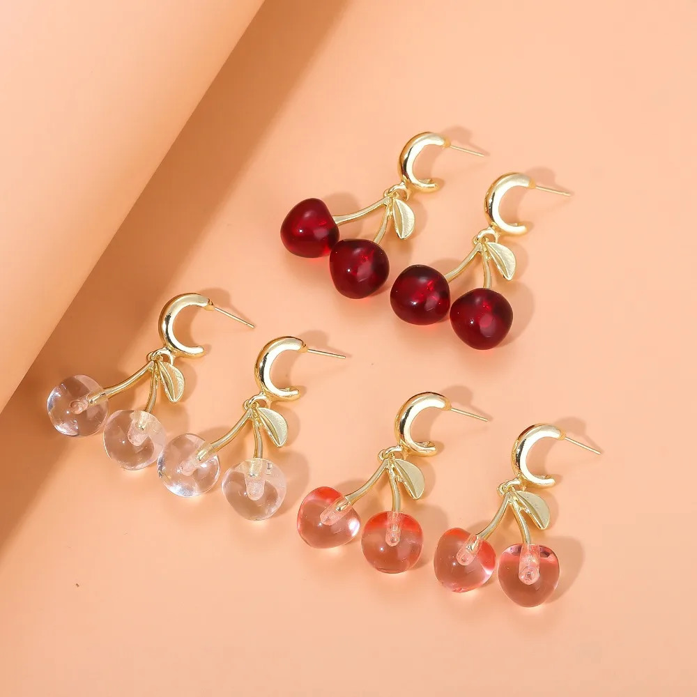 Sweet Cherry Leaf Earrings Summer Red Transparent Cherry Fruit Fashion Dangle Earrings for Women Wedding Party Jewelry Gift 250701