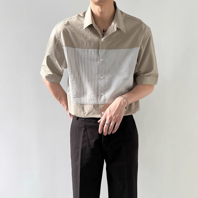 Summer Designer Short Sleeves Thin Top Korean Style Loose Short Sleeve Shirt Men's Trendy Patchwork Striped Five-quarter Sleeve Shirt Men