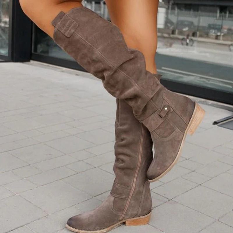 Boots Women Knee High Boots Solid Color Suede Lady Flats Winter Warm Comfortable Female Shoes Point Toe Sexy Zipper Low Heel Tall Boot
