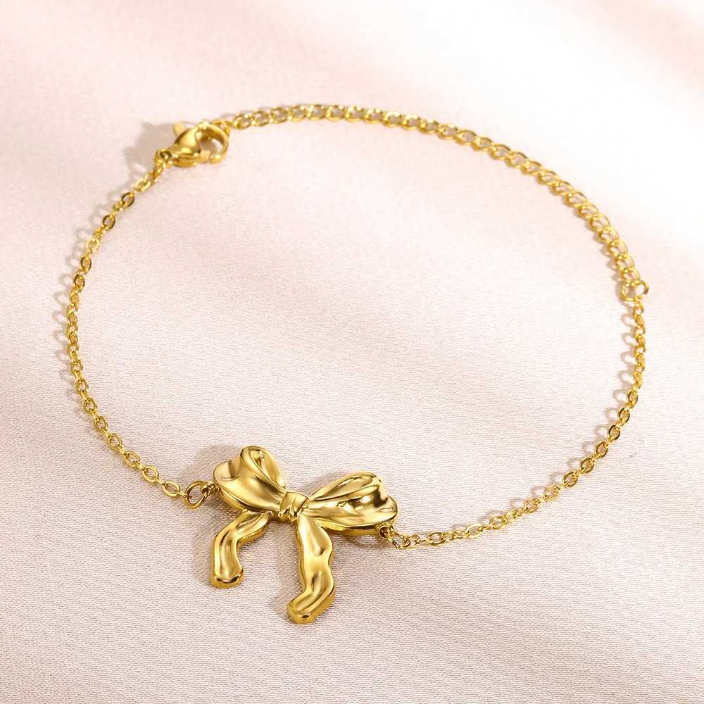Gold Color Stainless Steel Bracelets For Women Bowknot Bow Chain Bracelet Waterproof Metal Statement Fashion Jewelry XJ250707