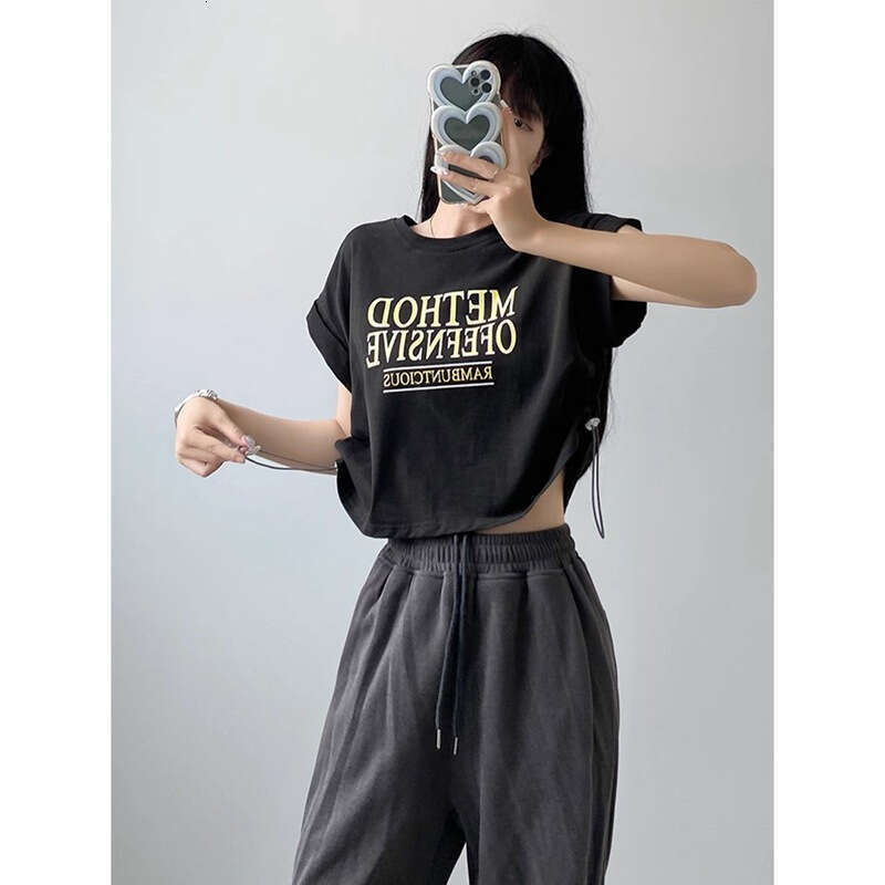 European Style Printed Letter Round Neck Short Sleeve T-Shirt For Women Summer Versatile Drawstring Jazz Hot Girl Top Trendy B5