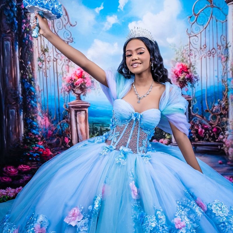 Blue Shiny Quinceanera Dresses Ball Gown Off Shoulder Appliques Flower Beads Tull Sweet 16 Dress Vestidos 15 De Anos