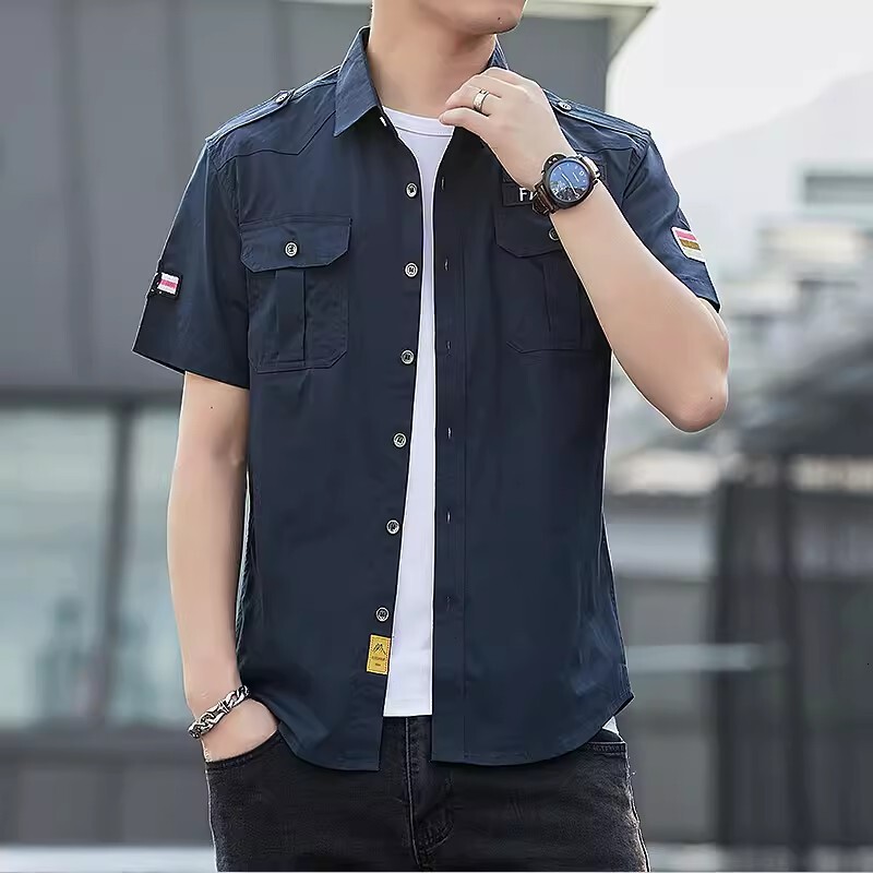 Trendy Brand All-cotton Work Shirt Short Sleeve Men Summer New Slim Designer Short Sleeves Fit Army Green With Pockets Military Style Casual Shirt