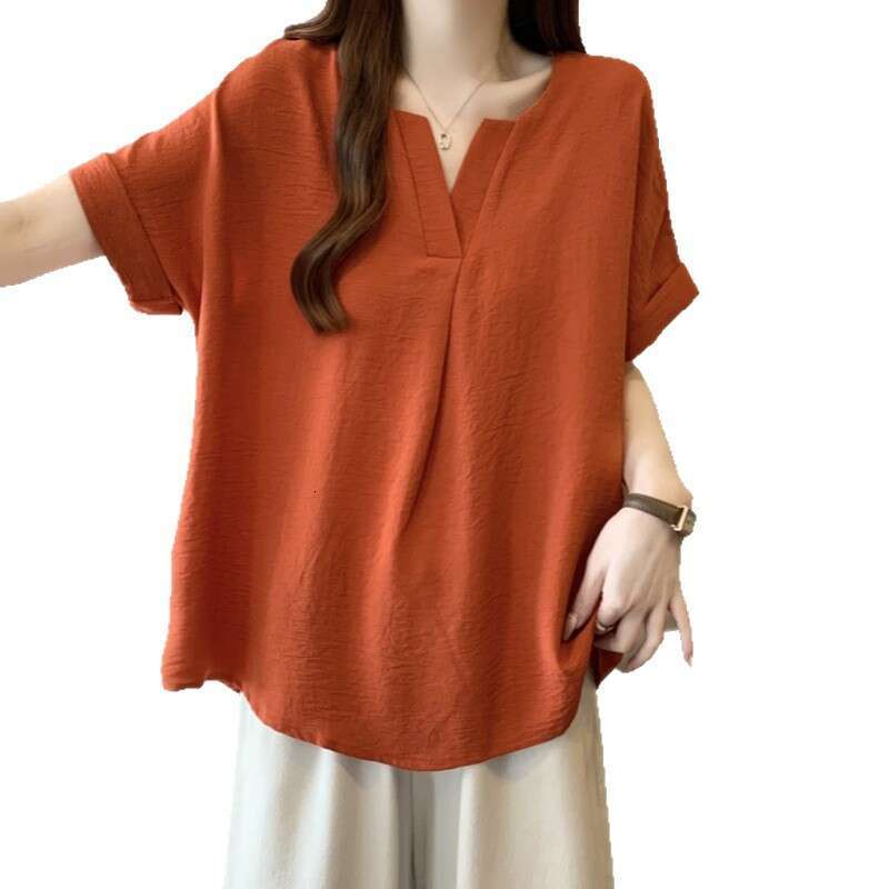 Plus Size Regular Shoulder Orange Red V-Neck Short Sleeve T-Shirt For Women Summer Style Solid Color Casual Simple Slimming Belly-Covering Top B5