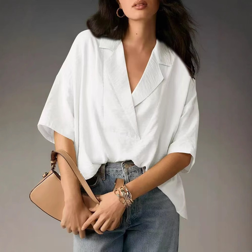 2025 New Free Shipping Fashion Trend Versatile Plus Size European and American Foreign Trade Women's Summer New Short Sleeve Turn-down Collar Cas