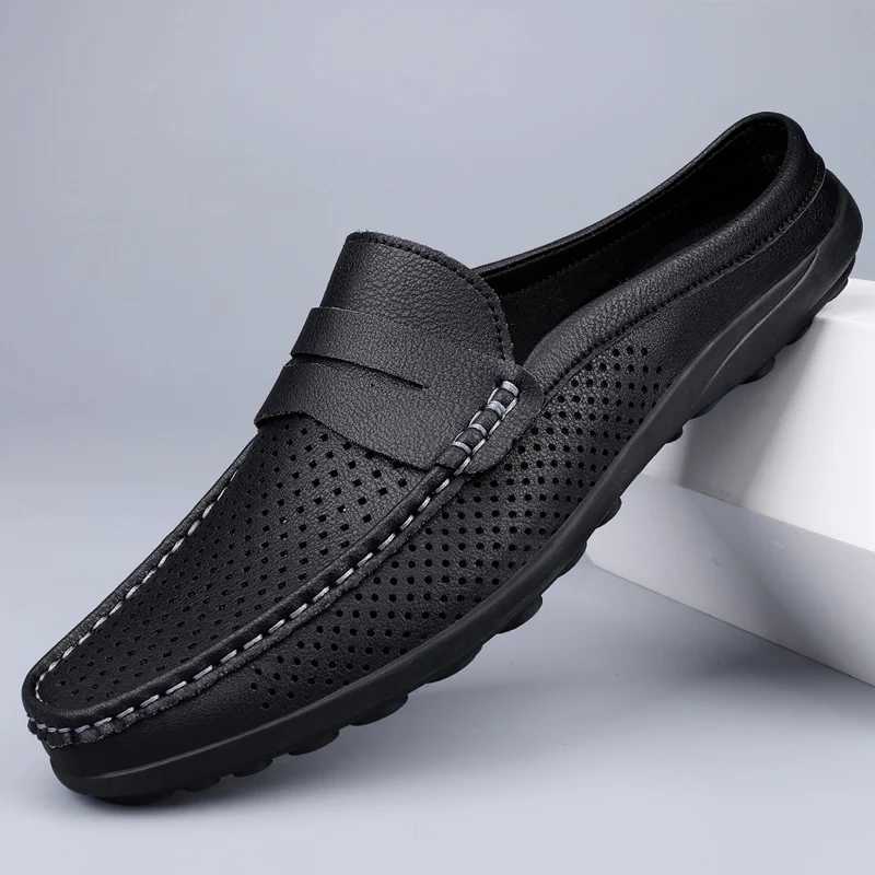 Mens Breathable Casual Leather Shoes Summer Outdoor Anti-Slip Soft Sole Comfort Walking Shoes Business Hollow Out Leather Shoes Y250707