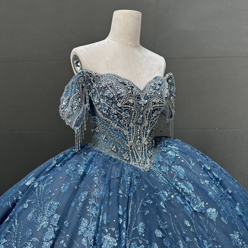 Blue Shiny Quinceanera Dresses Ball Gown Off The Shoulder Sequin Applique Lace Beading Tull Corset Party Birthday Sweet 16 Dress Vestidos 15 Anos