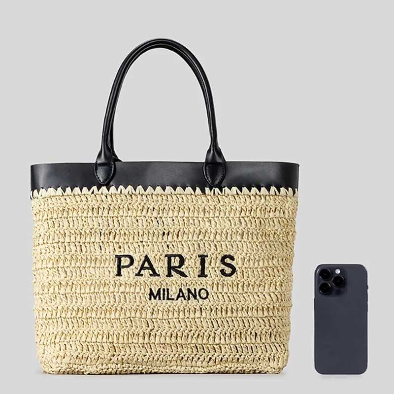 2025 Womens Fashion Splicing Straw Woven Handbag Casual Alphabet Paper Woven Handbag Shoulder Bag Z250707