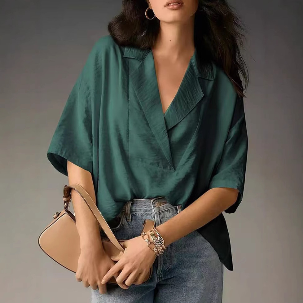 2025 Designer Fashion Trend Versatile Women's Plus Size European and American Export Women's Summer New Short Sleeve Turn-down Collar Casual