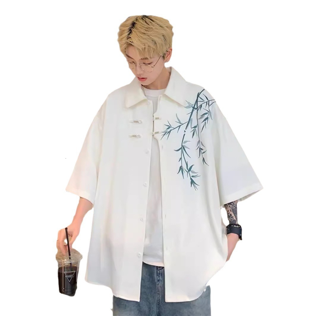 New Chinese Style National Style Short Sleeve Shirt For Men Summer Thin Trendy Brand Designer Short Sleeves Cool Oversized Bamboo Embroidery Loose Hal