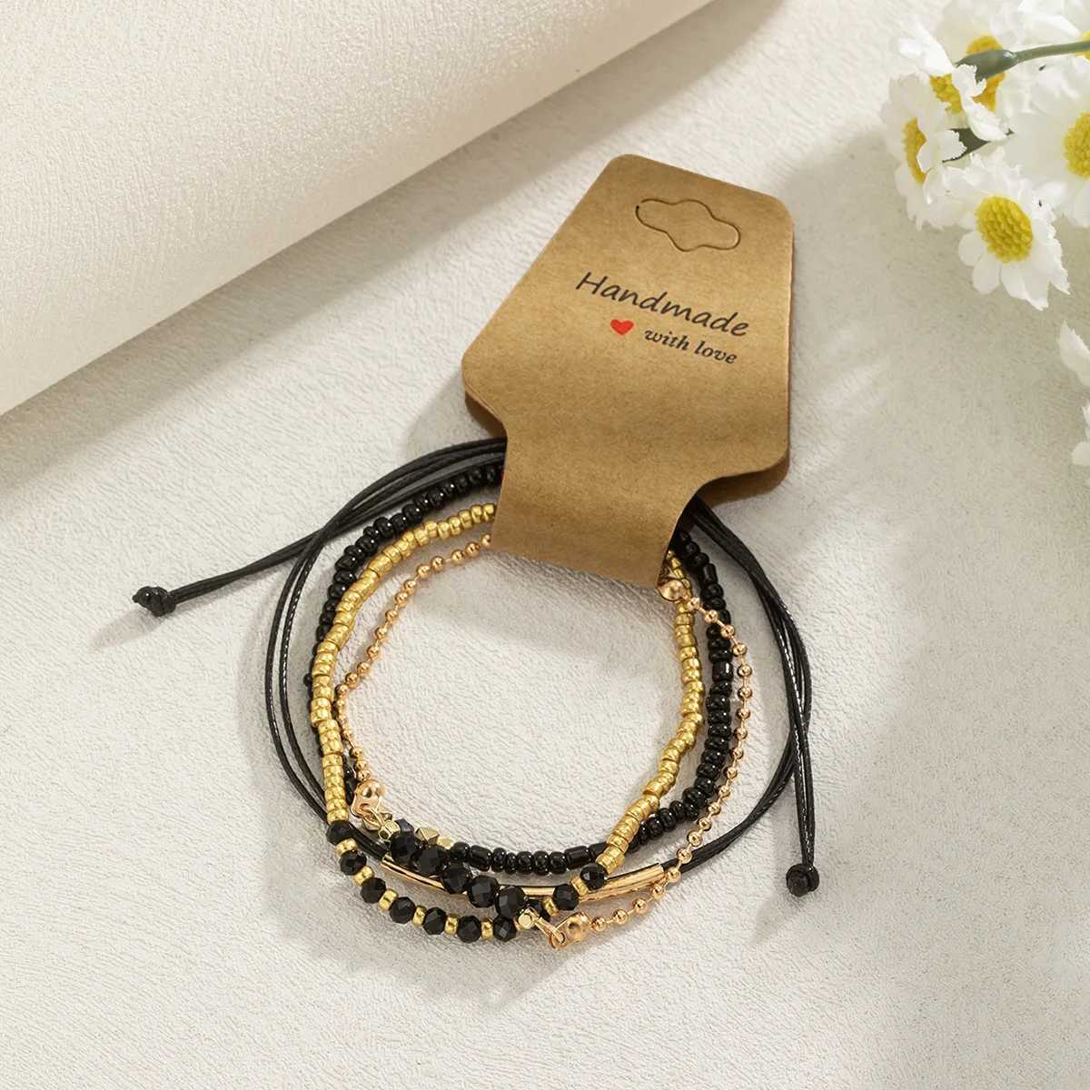 Handmade Black Glass Stone Bracelet Set for Women Simple Braided Rope Beads Chain Bangle Female Fashion Jewelry Accessories XJ250707
