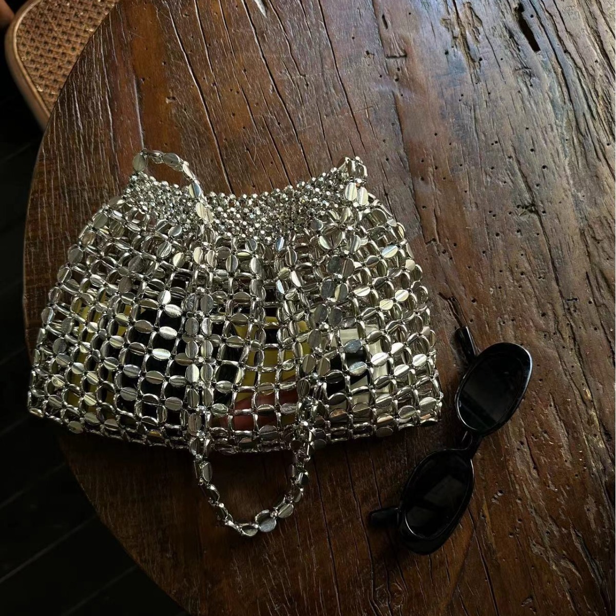 New retro metal silver handbag designer bag hollow hand woven bead trend single shoulder armpit bag women s single trend shoulder bag