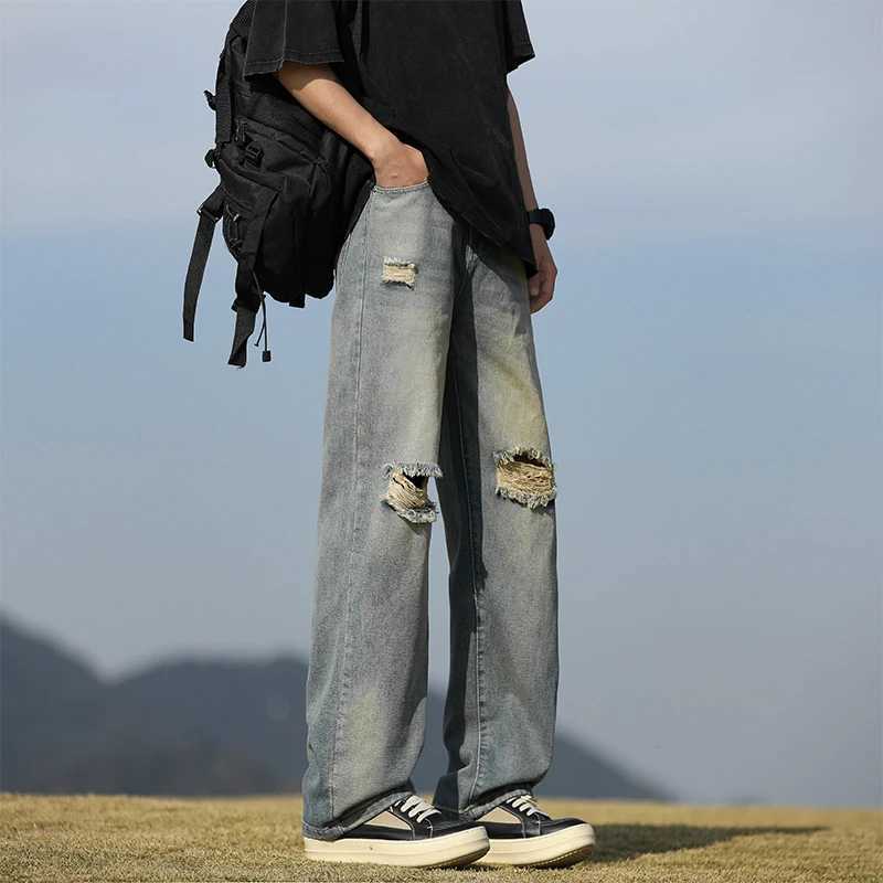 Mens Denim Pants - Summer American Retro Straight Leg Jeans Loose and Breathable High Street Fashion Ripped Casual Pants XJ250707