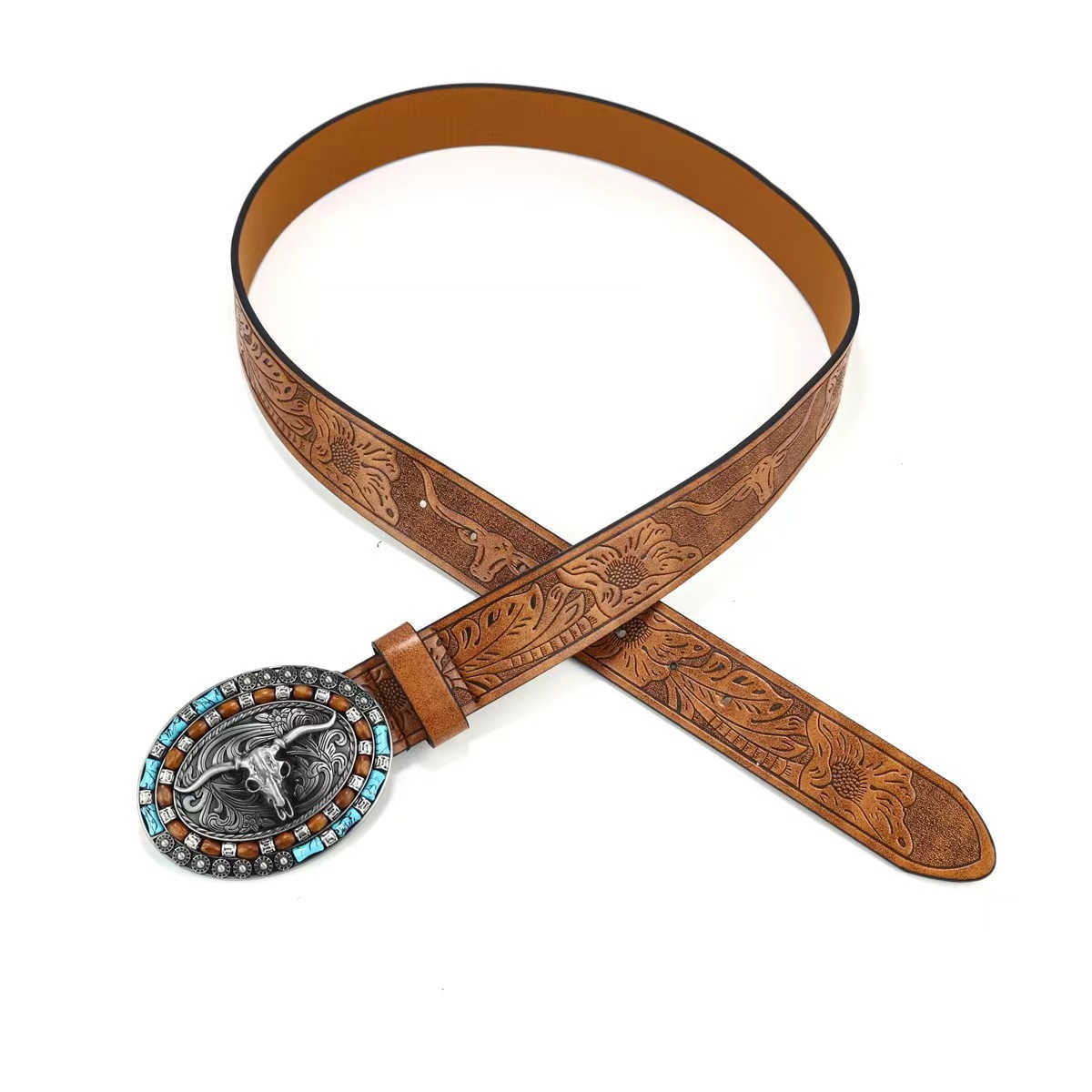 Men Women-Western-Cowboy-PU Leather-Belts - Vintage Belt Floral Engraved Buckle Belt for Jeans W250120