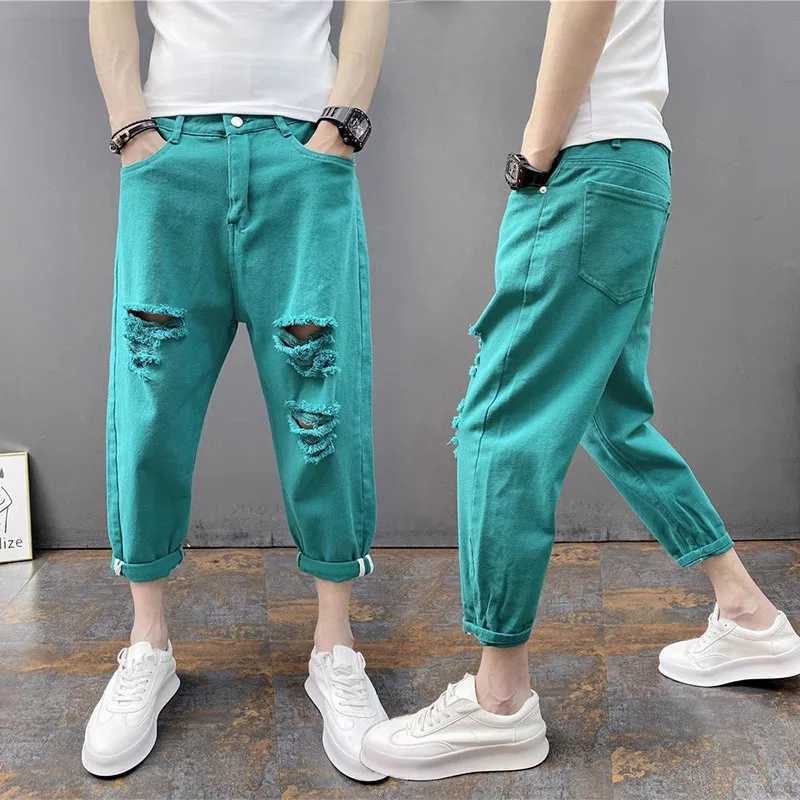 Korean Ankle-Length Distressed Jeans Men White Breathable Slim Fit Ripped Denim Pants Four Season Narrow Leg Harem Mens Trousers XJ250707