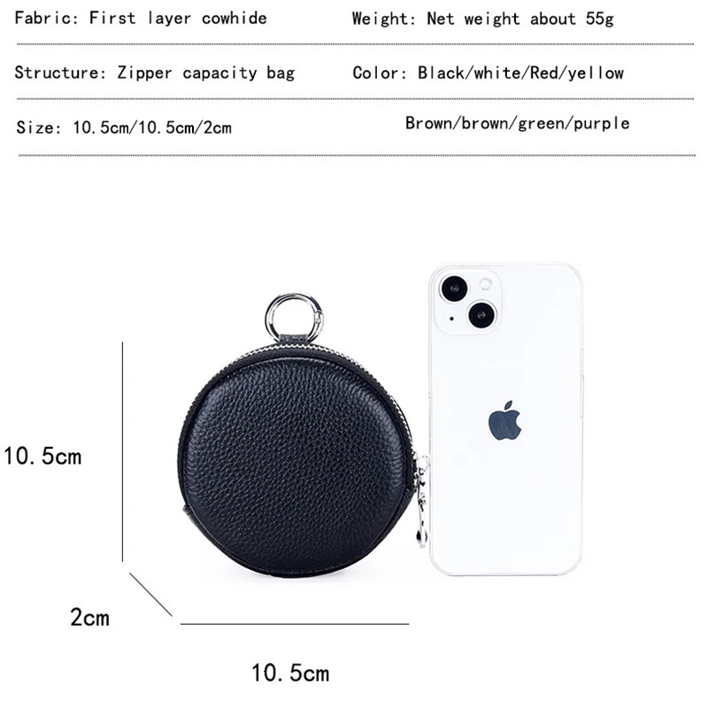 Coin Purse Change Pouch for Women Key Ring Wallet Minimalist Small Item Storage Bag Genuine Leather Round with Zipper 250628