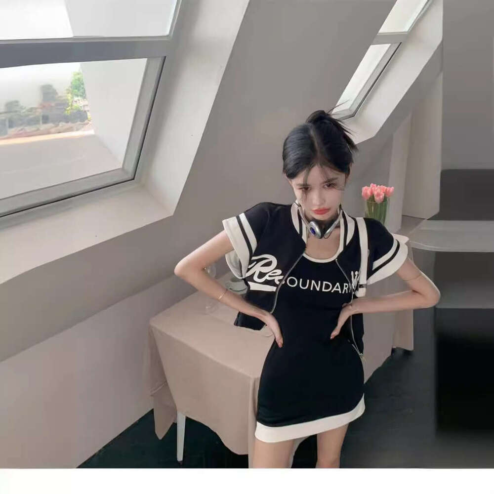 American Style Elegant Round Neck Design Baseball Jacket Slimming Color-Block Vest Dress Summer Two-Piece Set B5