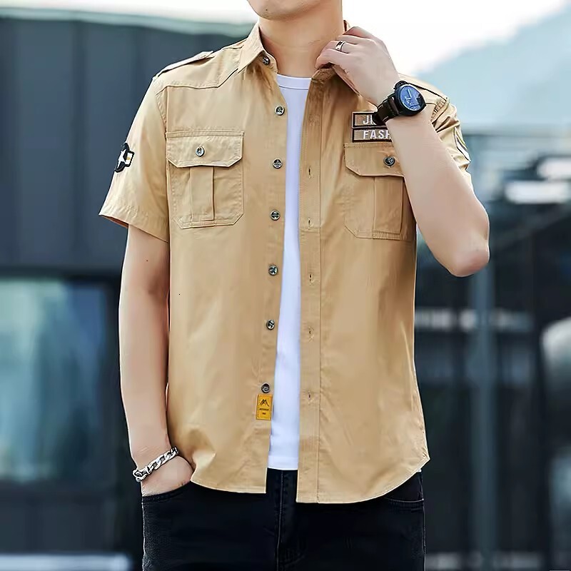 Trendy Brand All-cotton Work Shirt Short Sleeve Men Summer New Slim Designer Short Sleeves Fit Army Green With Pockets Military Style Casual Shirt
