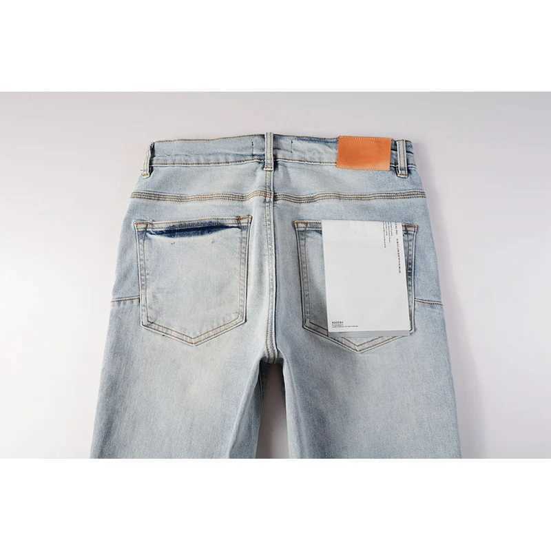 Mens American High Street Fashion Distressed Light Blue Letters Printing Stretch Skinny Button Fly Ripped Jeans XJ250707
