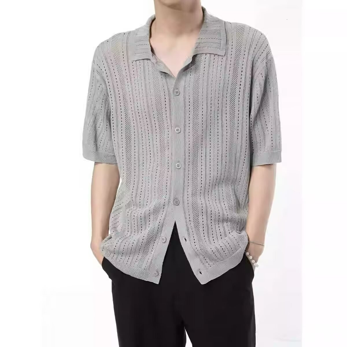 Hong Kong Style Retro Hollow Out Turn-down Collar Short Sleeve Men's Knitted Shirt Fashionable Lace Breathable Shirt Cardigan Designer Sleeves T-