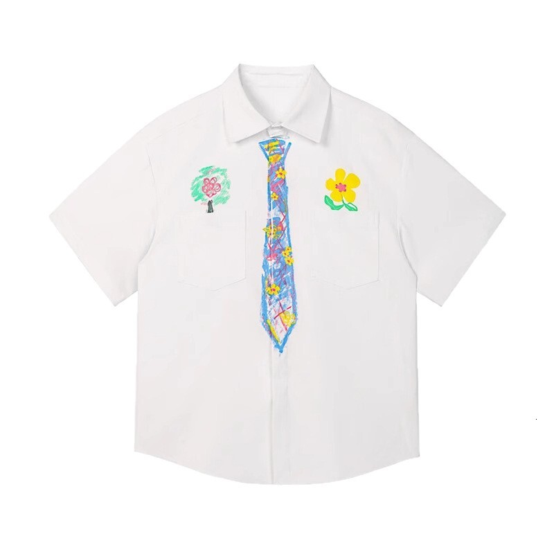 Crayon Hand-painted Tie Short Sleeve Shirt Men Summer College Style Printed T-shirt Designer Short Sleeves Loose Plus Size Fun Graffiti Shirt