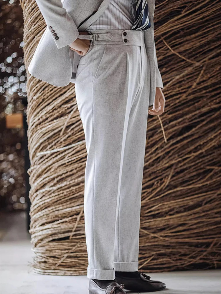 2025 Summer Casual Draped Straight Trousers For Men Office Fashion Solid Color Pleated Suit Pants Mens Vintage Trousers Naples 250707