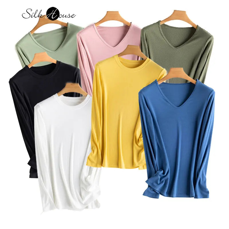 Silkworm Rib Long Sleeve T-Shirt Womens Loose Slim Solid Backing Shirt Round Neck Simple Versatile Thin Top Autumn Winter 250703