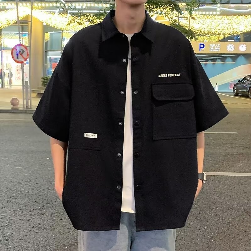Japanese Style Fresh Men's Loose Button Design Five-sleeve Shirt Designer Short Sleeves Youth Summer Trendy Brand New Short Sleeve Shirt Trend
