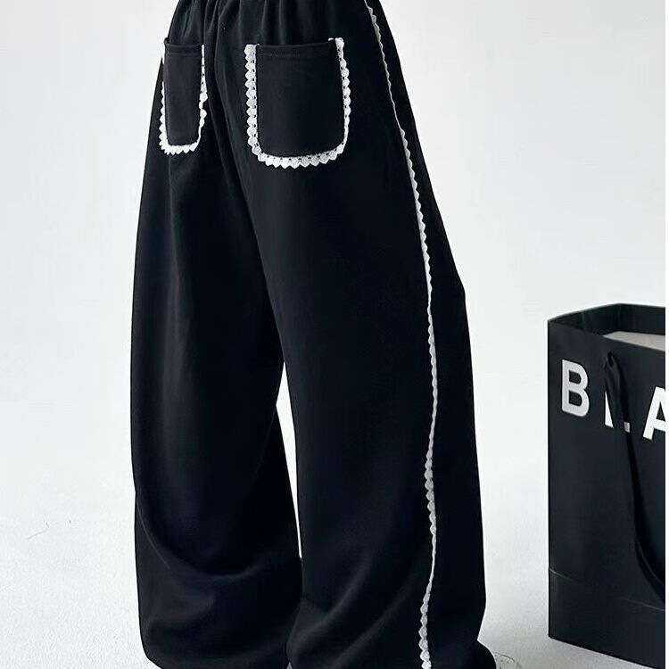 Wind Lace Trim Sweatpants For Women, Spring And Autumn Loose Wide-Leg Straight Pants, High Street Sweatpants, Dance Pants B5