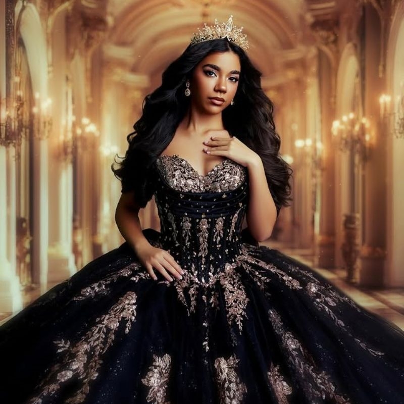 Black Shiny Quinceanera Dresses Ball Gown Off Shoulder Appliques Lace Beads Bow Tull Sweet 16 Dress Vestidos 15 De Anos