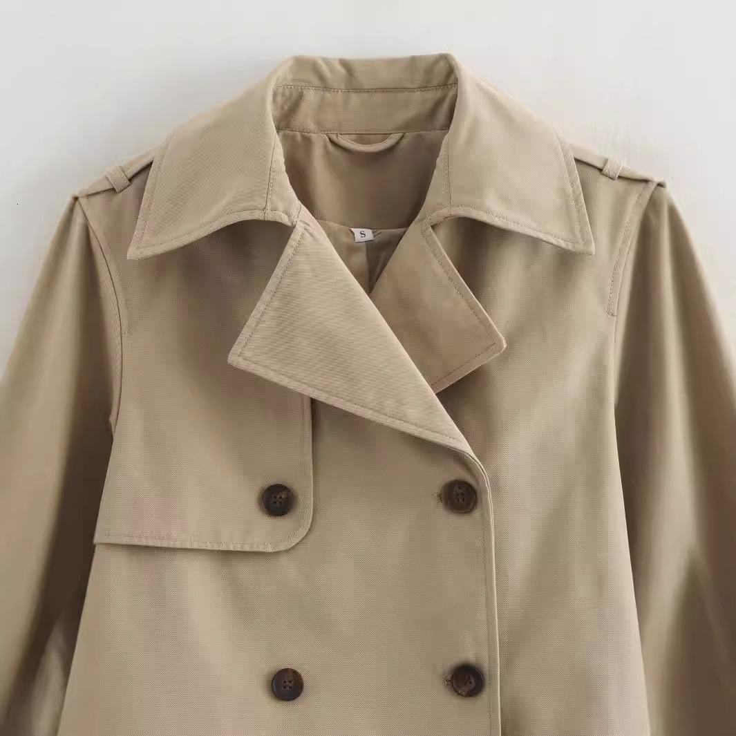 Lanjia- Spring Autumn Simple Short Trench Coat For Women High-End Korean Style Double Breasted Lace-Up Windbreaker Jackets 240202 5E527