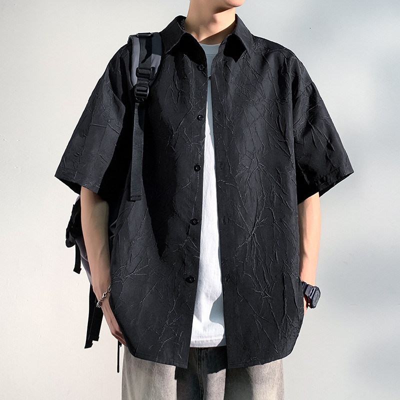 Japanese Style Cityboy Short Sleeve Shirt Men's Summer Trendy Designer Short Sleeves Textured Crack Design Five-quarter Sleeve Shirt Jacket