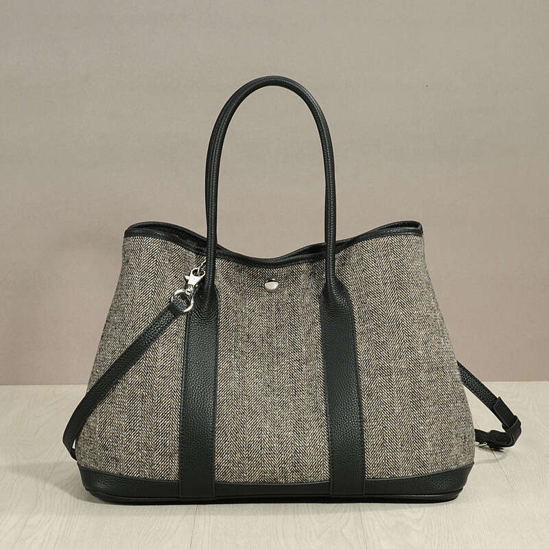 Leather Bag Bucket Bag New Style Linen Cotton Fabric With Top Layer Cowhide Garden Genuine Leather Handbag Fashion Large Capacity Tote Bag For Women T