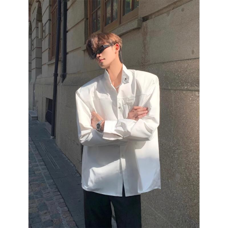 Unique Design Shoulder Pad Shirt For Men, High-end Style, Cool And Handsome, Loose Fit, Stand Designer Short Sleeves Collar, Oversized Casual Long Sle