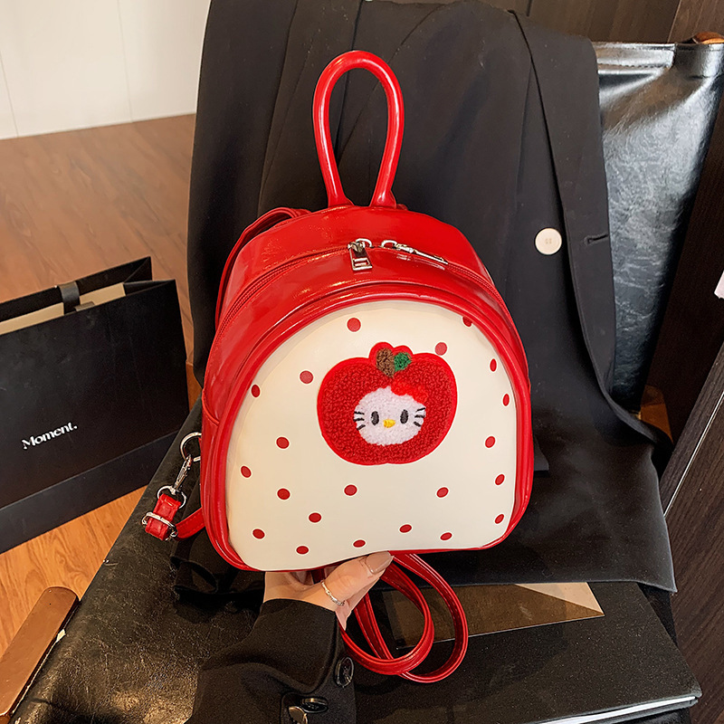 Free shipping designer Cute Apple Polka Dot Cat Backpack for Women 2025 New Trendy Fashionable College Style Backpack Handbag School Bag
