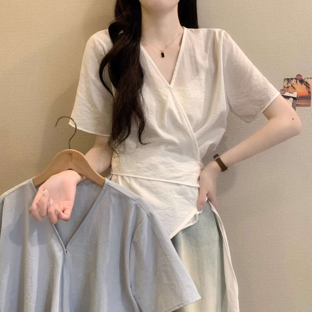 Cloud Wrinkle Short Sleeve Shirt For Women Summer New Large Size Belly Covering Irregular Waist Slimming Top B5