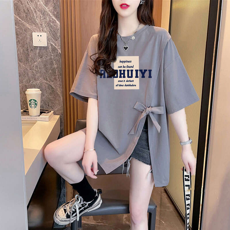 Fashion Subtle Design Sense Split Cotton Short Sleeve Mid-Length Lazy Style Printed Women's T-Shirt B5