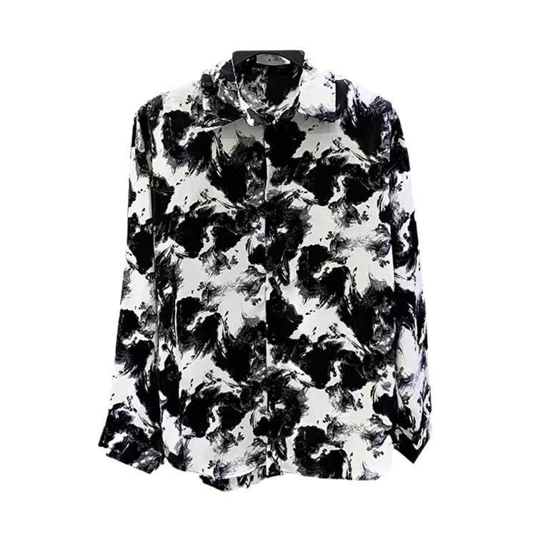 Summer Designer Short Sleeves Retro Ink Painting Print Flowy Shirt Men Long Sleeve Korean Version Loose Cool High-end Shirt Hairstylist