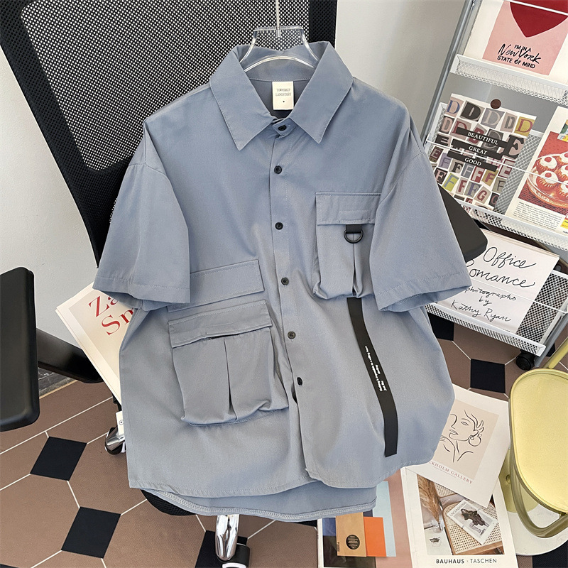 Trendy American Style Functional Workwear Short Sleeve Shirt For Designer Short Sleeves Men Summer BF Loose Casual Turn-down Collar Half Sleeve Fashio