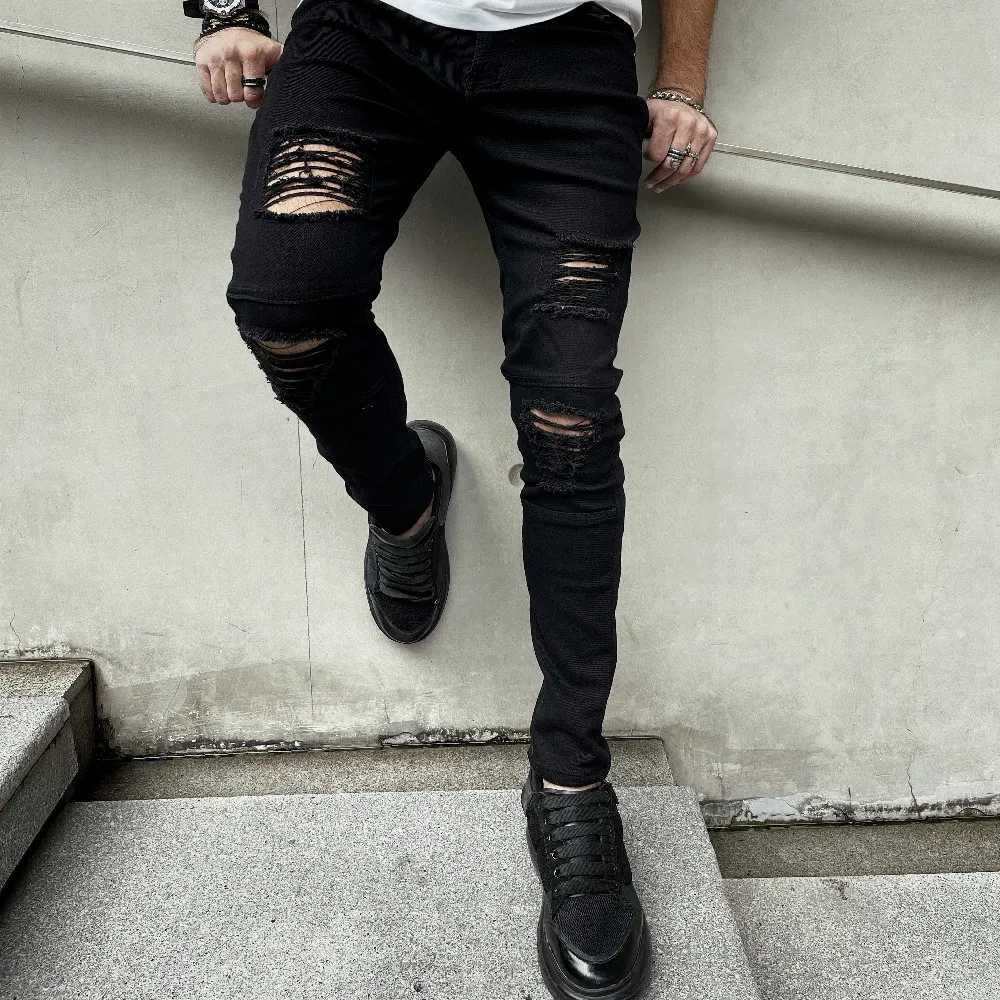 Men New High street Hip hop Style Ripped Skinny Pencil Jeans Men Stylish Slim Holes Casual Denim PantsXJ250707