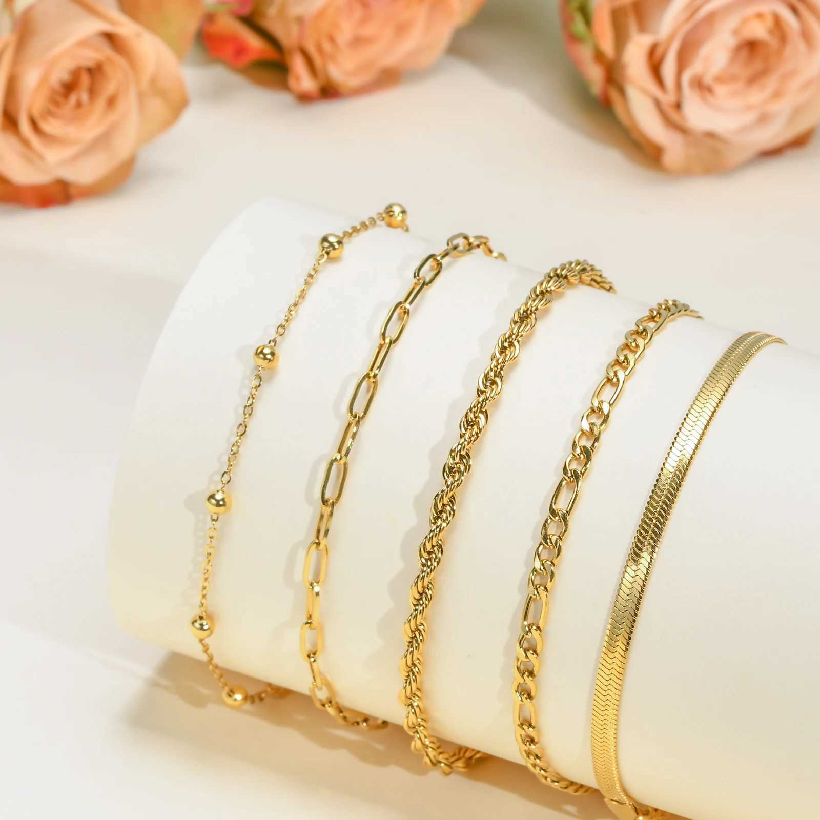 5PCS/Set Women Gold/Silver Color Bracelets Stainless Steel Lady Geometric Fashion Charm Chain Multi-Layer Dainty Girl Jewelry XJ250707