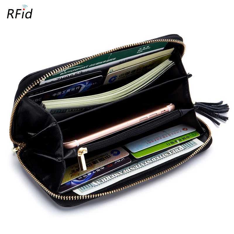 Genuine Leather Wen Solid LG Wallets Ladies Tassel Design Cluh Fem Phe Mey Bag Coin Zipper Purse RFID Card Holder Y250707