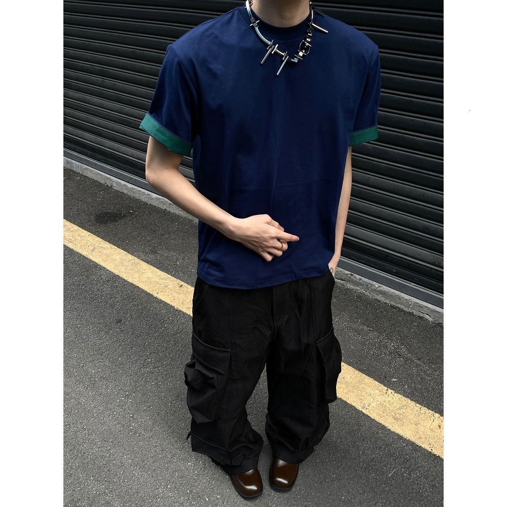 American Style Designer Short Sleeves Heavyweight Color-block Short Sleeve Men's Summer Fake Two-piece Pure Cotton Patchwork T-shirt Men's L